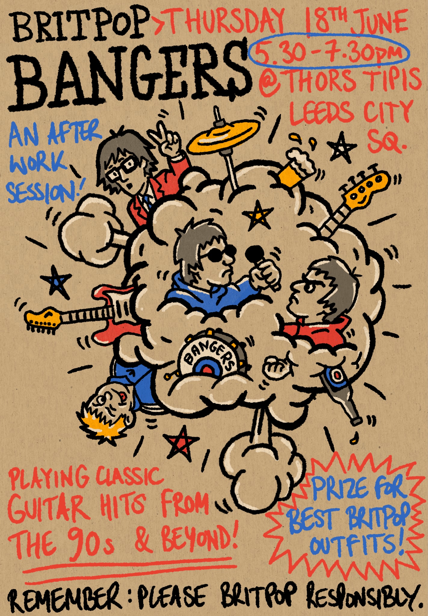 Illustrated Britpop Bangers gig poster